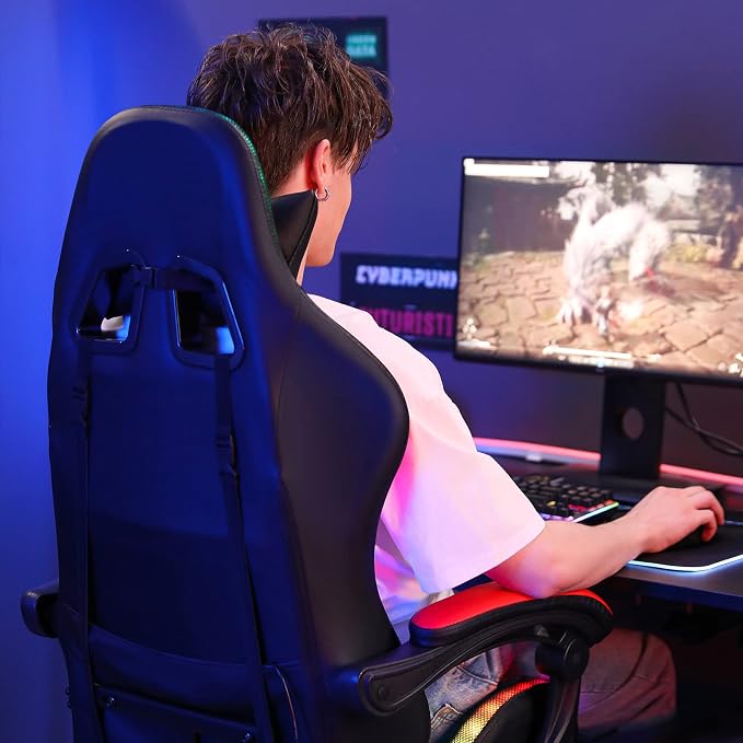 RGB Gaming Chair with LED Lights Massage Ergonomic Computer Chairs-Red | High Back Video Game Chair with Footrest & Adjustable Lumbar Support Gamer Chairs for Adults Racing Style Recline - Image 2