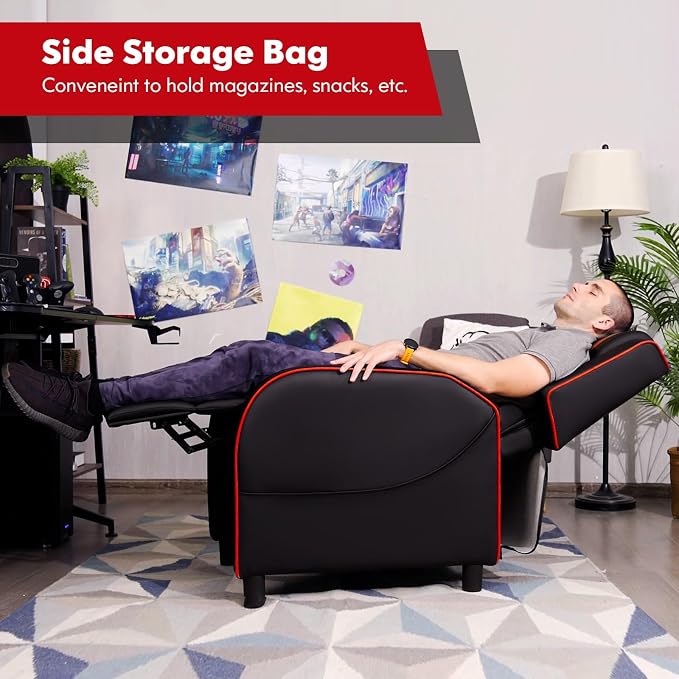 GYMAX Gaming Recliner, Massage Gaming Chair with Adjustable Footrest, Remote Control & Side Pocket, Ergonomic Game Lounge Chair, Racing Style Single Theater Seat Game Sofa for Adults (Red) - Image 8