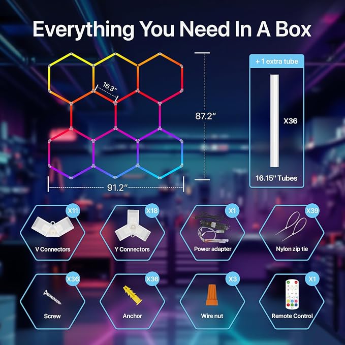 HYPERLITE Hexagon Garage Lights: Gen IV-8 Grid Hexagon LED Lights with Music Sync Mode, App & Remote Control, Multi-Color Honeycomb Light for Gaming Room, Gym, Garage - Image 8