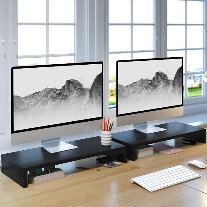 TEAMIX 2-Pack Monitor Stand Riser 20 inch, Wood Desk Computer Shelf, Black | For 2 Monitors, Laptop, Printer, TV, PC Tower, Full Keyboard Storage Underneath, Desk Organizer for Home Office, Gaming Setup - Image 2