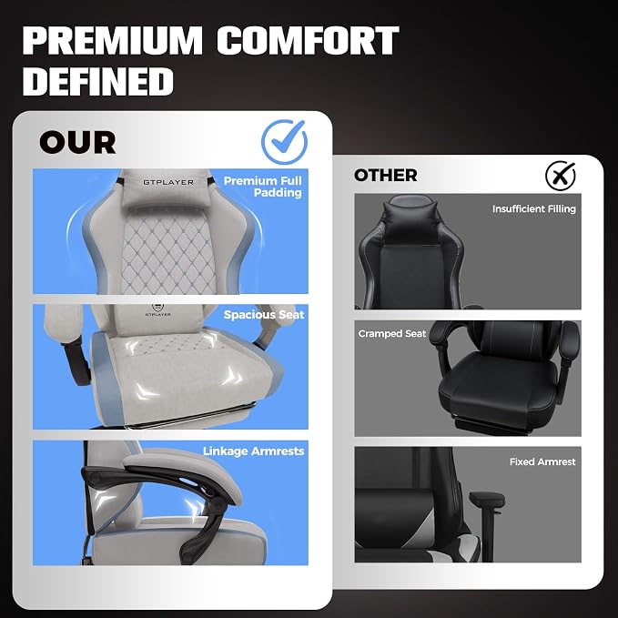 GTPLAYER Gaming Chair, Ergonomic Computer Chair with Footrest and Lumbar Support, High Back Recliner Chair 350lbs, Height Adjustable for Home Office, Grey - Image 9
