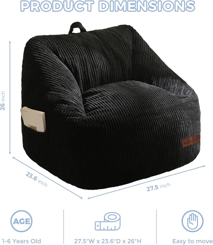 MAXYOYO Kids Bean Bag Chair, Bean Bag Couch with Handle, Comfy Toddler Chair for Boys and Girls, Accent Sofa Chair with Pocket for Gaming Reading Relaxing, Black | Comfy Toddler Chair for Boys and Girls, Accent Sofa Chair with Pocket for Gaming Reading... - Image 2