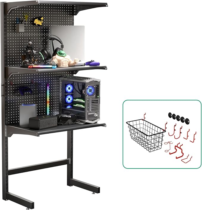 JWX DDB Freestanding Pegboard Shelf, 210 lb Capacity, 30 x 74 Inch, Black | Powder-coated metal with 3 adjustable shelves, 70 lb each, and 15 accessories for gaming setups, home offices and garages by JWX