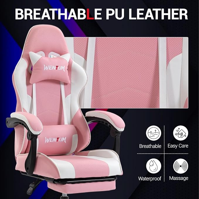 Gaming Chair with Footrest for Adults, PU Leather Video Game Chair with Massage Lumbar Support for Men Women, Ergonomic Computer Gamer Chair for Home Office, Height Adjustable, Pink - Image 5