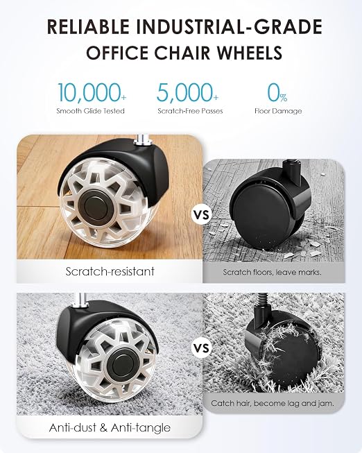 RidRed Office Chair Wheels,Smooth & Quiet Rollerblade Casters Wheels,Heavy Duty Support 700lbs Dual-Wheel Design,Gaming Desk Chair Wheel Replacement for Hardwood Floors and Carpet,2 Inch Universal Fit - Image 3