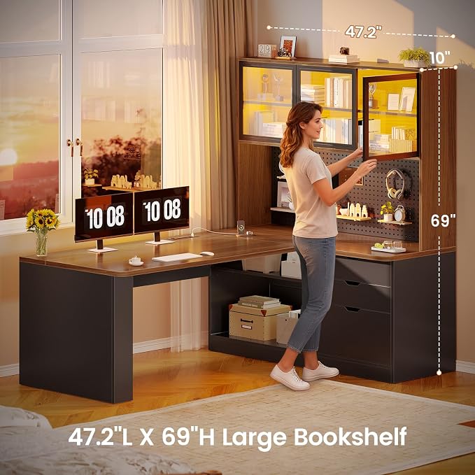 SEDETA L Shaped Computer Office Desk with 3 Wood Drawer and Large Bookshelf | L Shaped Corner Gaming Desk with LED Light, Display Cabinet and Pegboard, 27.5" W Large Desktop Table, Brown - Image 2