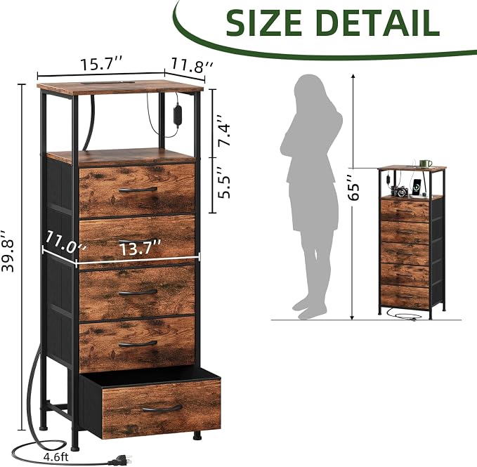 Somdot Tall Nightstand with 5 Drawers, Charging Station & LED Light - Image 3