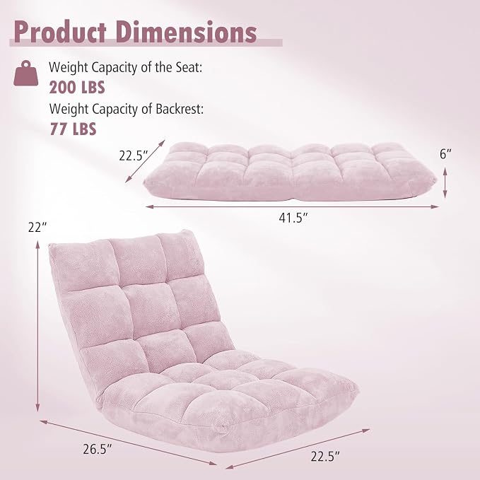 GIANTEX Floor Chairs for Adults, Floor Gaming Chair (Light Pink) | Coral Velvet, 14 Adjustable Position, Thick Sponge Padding, Floor Seating Lounge for Reading, Watching TV, Meditation - Image 3