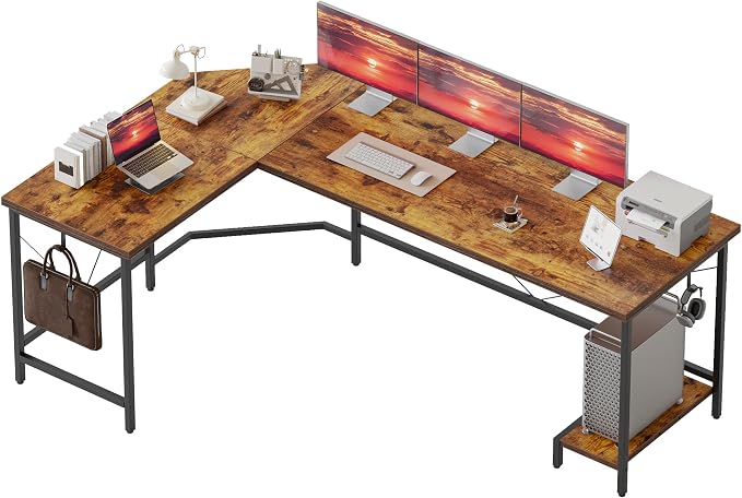 Mericonia 67 inch L Shaped Desk with CPU Stand, Large Corner Gaming Desk | Simple Computer Desk with 2 Hooks, Office Table for Home Bedroom Study Work Writing, Brown by MERICONIA