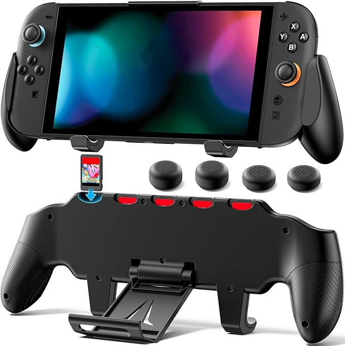 Grip Compatible with Nintendo Switch 2, Switch 2 Ergonomic Grip Case with Adjustable Stand, Comfort Game Accessories with 5 Game Card Slots and 4 Thumb Caps by OIVO