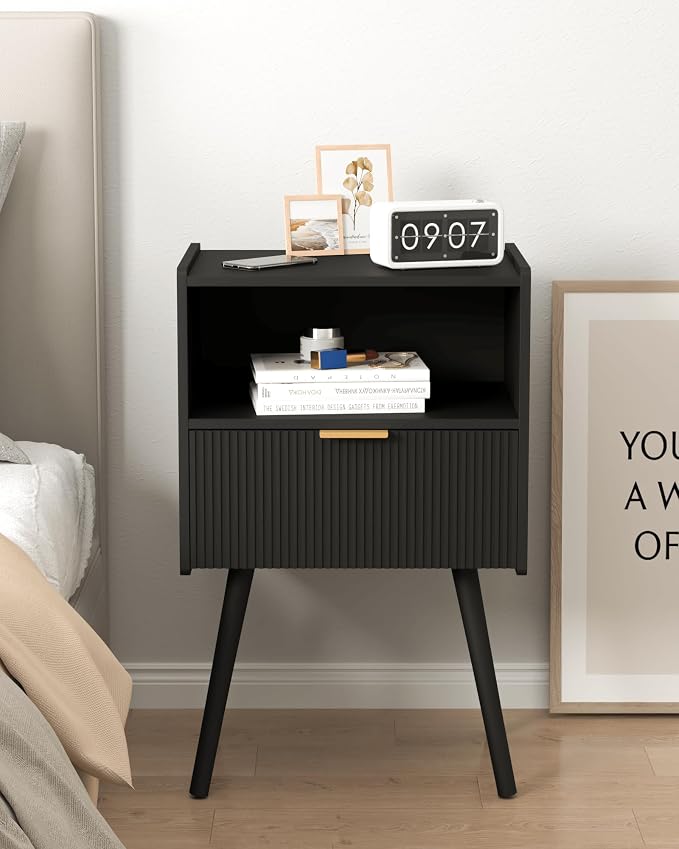 JOONEE Black Nightstand,Modern Bedside Table with Storage Drawer and Open Wood Shelf, for Living Room, Bedroom and Small Spaces, Accent Night Stand with Solid Wood Legs, Easy Assembly,Classic Black - Image 8