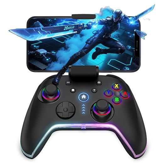 Bcofo Wireless Mobile Game Controller for iOS/iPhone/Android/Cell Phone/Switch/Laptop, Gaming Gamepad with Phone Clip for Gamers, Hall Effect Triggers, Wired PC Control, with RGB LED Lighting/Vibration/6-Axis Gyro/Turbo (Black) by Unknown