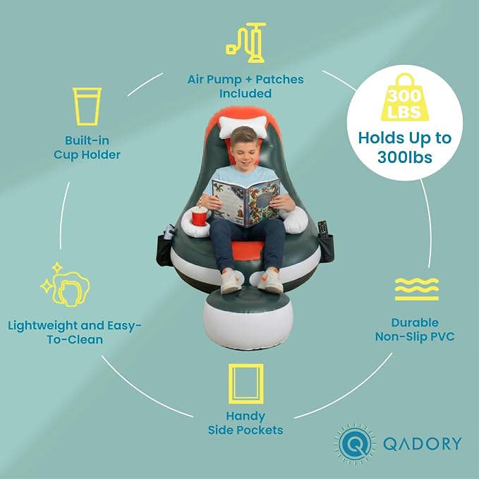 Inflatable Gaming Chair for Kids – Supports Up to 300 lbs, Includes Air Pump, Cup Holder, 2 Pockets – Durable Bean Bag Seat, Comfy Kids Gaming Chair & Top Gamer Chairs for Kid Room - Image 4
