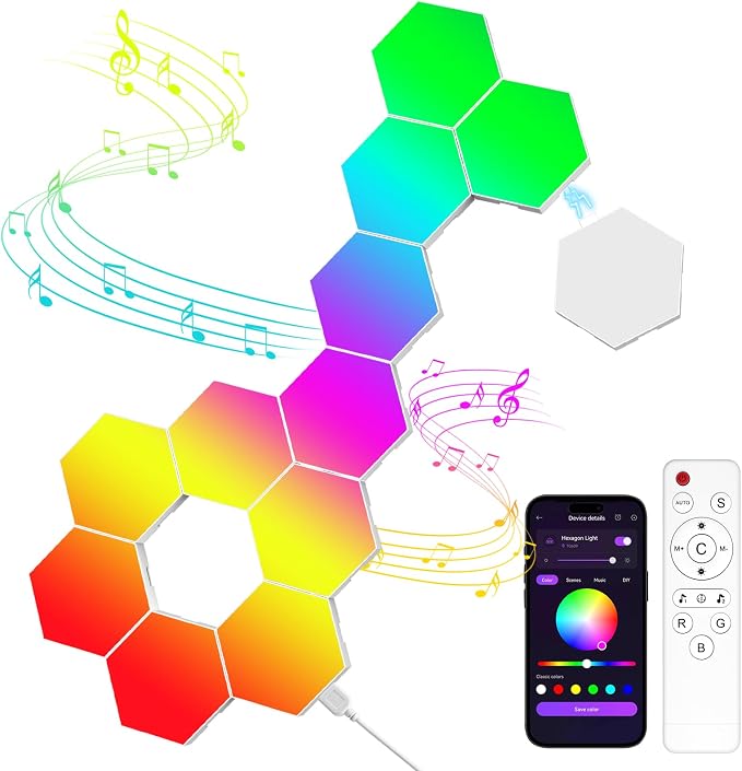 12 Pack Hexagon LED Wall Light Panels – RGB Smart Lights with APP & Remote, Music Sync Honeycomb Design – Modular Gaming Wall Decor for Bedroom, Kids Room, and Living Room by MeRGBWLife