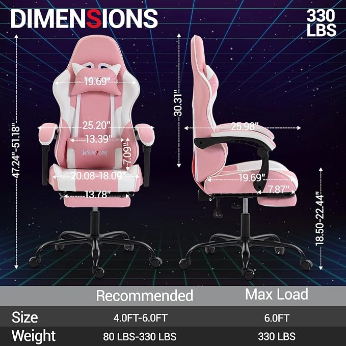 Gaming Chair with Footrest for Adults, PU Leather Video Game Chair with Massage Lumbar Support for Men Women, Ergonomic Computer Gamer Chair for Home Office, Height Adjustable, Pink - Image 2