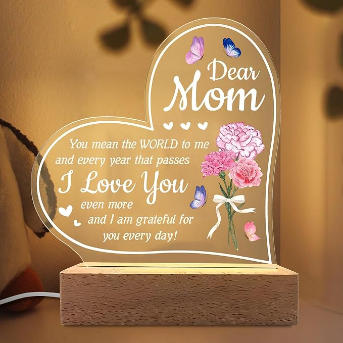 Carnation Heart Shape 3D Crystal Acrylic Light with Wood Stand, LED Night Light for Kids Room Decor, Gift for Mom on Birthday or Holiday, Home Decor Art Display by HPYDIY