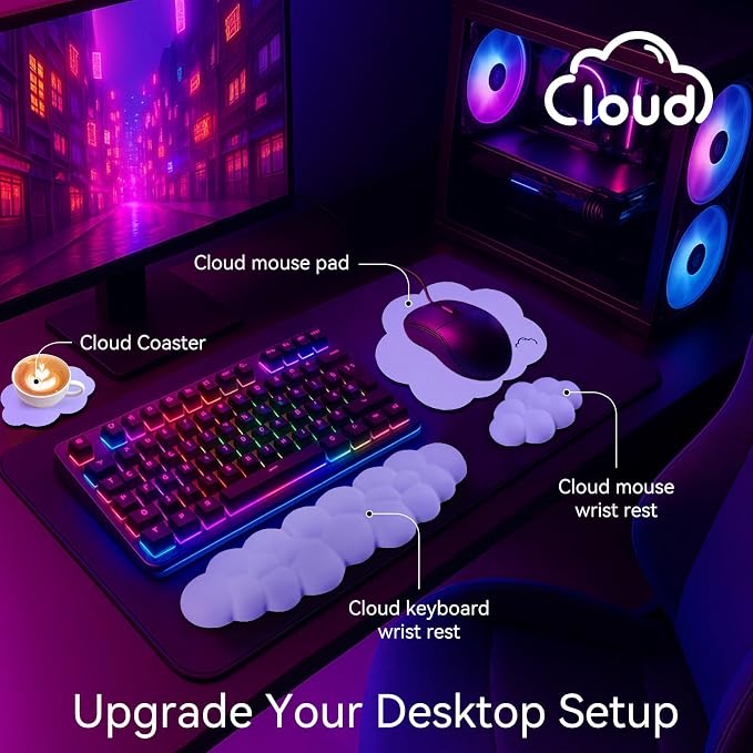 Sushret Cloud Wrist Rest for Computer Keyboard and Mouse Pad Set, Purple | Memory Foam, Leather, 4-in-1 Cloud Keyboard Wrist Rest Set with Ergonomic Support for Arm and Palm Cushion, Gaming/Work Setup - Image 2