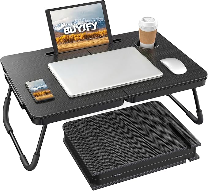 BUYIFY 23.4" Foldable Lap Desk Bed Table with Cup Holder Tray Black by BUYIFY