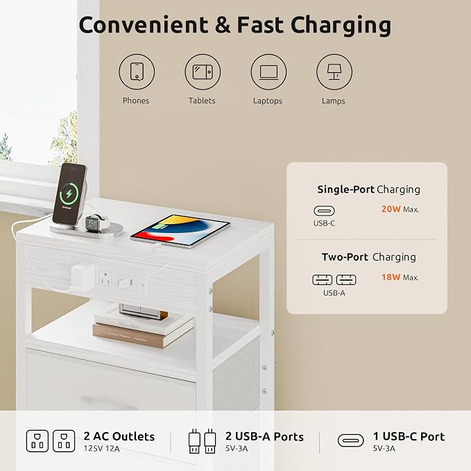 Lazzanto Night Stand with Charger Station, 3 Fabric Drawers, White - Image 4