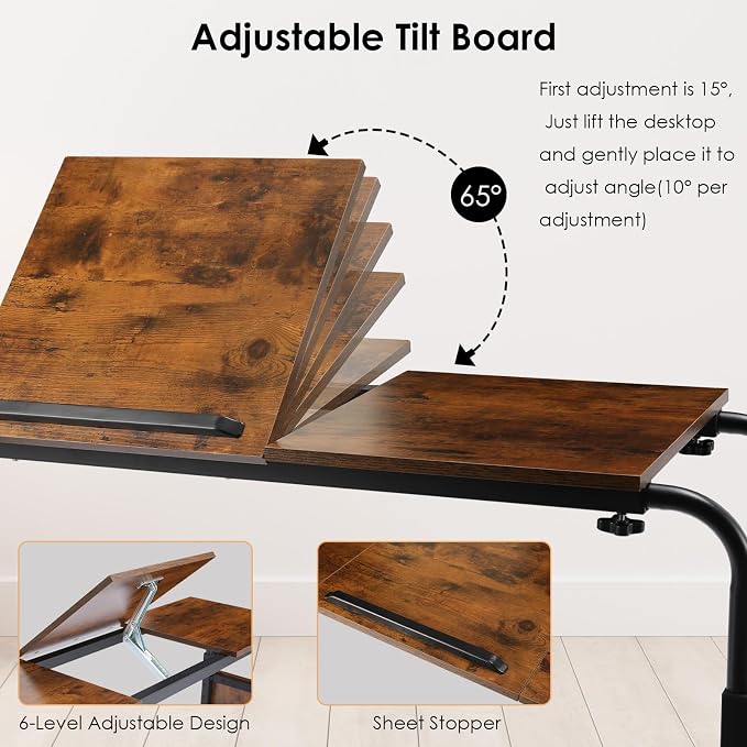 Arlopu Overbed Table with Wheels,60.6-84.2 inches Mobile Bed Desk, Brown - Image 4