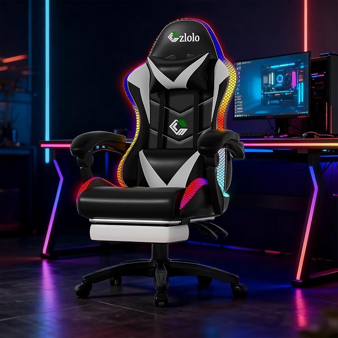 Czlolo Gaming Chair, Racing Style RGB LED Lights Gaming Chairs for Adults and Kids, Lumbar Massager Gamer Chair, High Back Reclining Computer Chair with Footrest and Headrest (Black/White) - Image 2