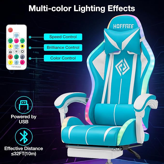 RGB Gaming Chair with LED Lights Massage Ergonomic Computer Chair-Sky Blue | High Back Video Game Chair with Footrest & Adjustable Lumbar Support Gamer Chairs for Adults Racing Style Recline - Image 5
