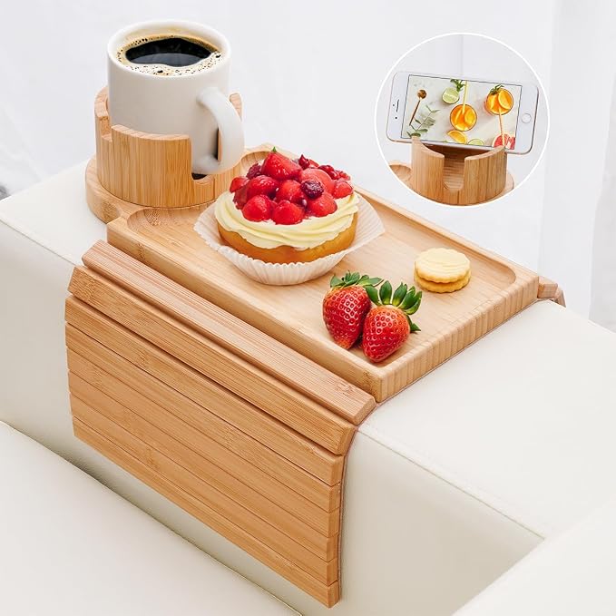 Couch Cup Holder - 3 in 1 Sofa Arm Tray with 360° Rotating Cup Holder & Phone Stand,Arm Chair Rest Table Fits Various of Large Width Couches Armrest,Anti-Slip Foldable Couch Tray for Drinks by AISONGDONG