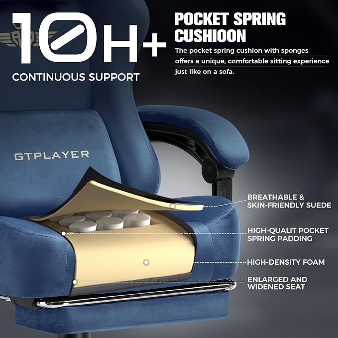 GTPLAYER Big and Tall Gaming Chair 400lbs Heavy Duty Office Chair with Foot Rest, High Back Pocket Spring Ergonomic Computer Chair for Adults, Wide Comfy Seated Cushion with Linkage Armrests, Blue - Image 4