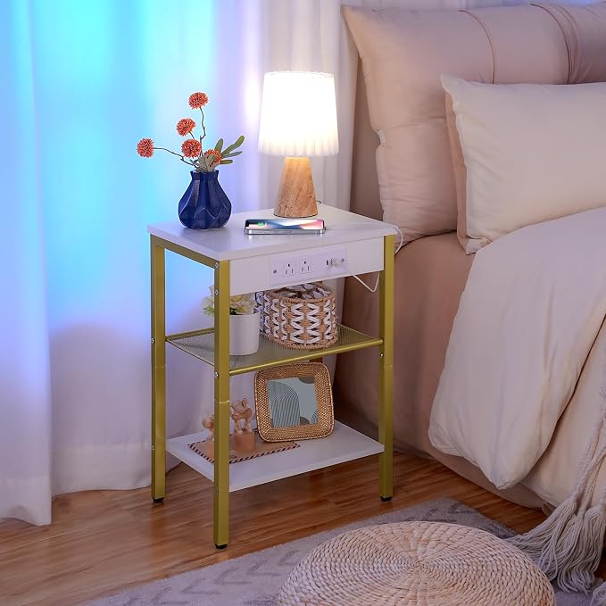 HOOBRO Side Table with Charging Station and USB Port, Small End Table for Small Space, 3-Tier Nightstand with Adjustable Shelf, for Living Room, Bedroom, White and Gold DW112BZ01G1 - Image 9