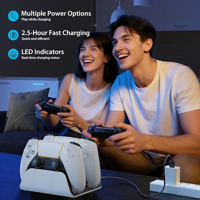 PS5 Controller Charger Station with LED Indicator,Self-Aligning Charging Dock,Dual Controller Fast Charging Dock,Desktop Display Stand for PlayStation 5 (White) - Image 7