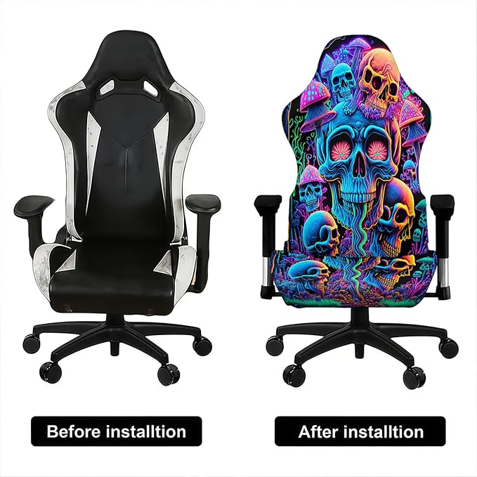 Blacklight Gaming Chair Cover – UV Reactive Esports Chair Protector with Neon Skull Mushroom Design, Stretchable Washable Slipcover for Office & Gaming Chairs - Image 4
