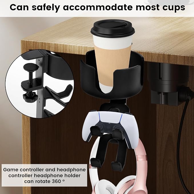 4 in 1 Desk Cup Holder with Headphone Hanger and Controller Stand Gaming Accessories, Under Desk Clamp Rotatable Headset Holder,Adjustable&Rotating Upgraded Arm Clamp,Desk Controller Holder (Black) - Image 7