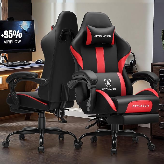 GTPLAYER Gaming Chair with Foot Rest & Pocket Spring Cushion, Ergonomic High Back Computer Chair with Headrest & 360°-Swivel Seat for Home Office Desk, PU Leather, Red - Image 8