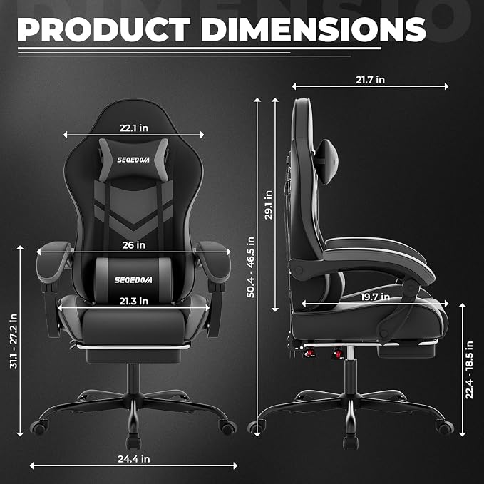 Gaming Chair with Footrest & Massage Lumbar Support, PU Leather Ergonomic High Back Swivel Height Adjustable Chair for Adults, Office Gaming, 300 lbs (Black Grey) - Image 3