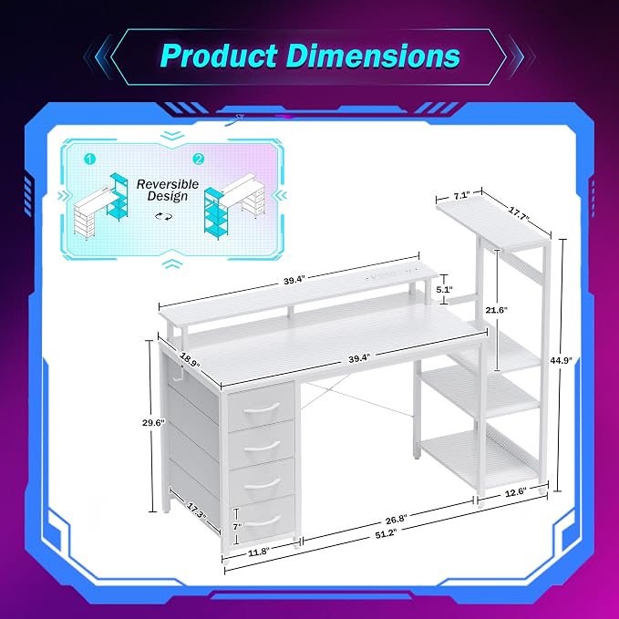 51 Inch Gaming Desk with Drawers & PC Tower Stand & LED Lights, White - Image 2