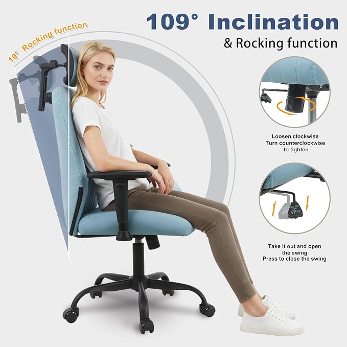 Symino Office Chair Ergonomic with 109° Rocking Function, Premium PU Leather, Integrated Lumbar Support, Adjustable Headrest & Armrests, Swivel Desk Chair - Image 4