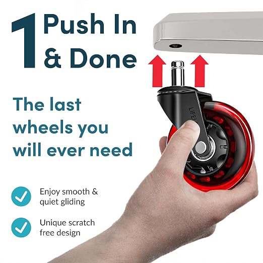Lifelong Office Chair Wheels Replacement, Heavy Duty, Red, 5-Pack Fits 98% | Original Rubber Caster, Desk Wheels, Smooth & Quiet, Safe for Hardwood Floors & Carpet, Replace Office Chair Mats - Image 5