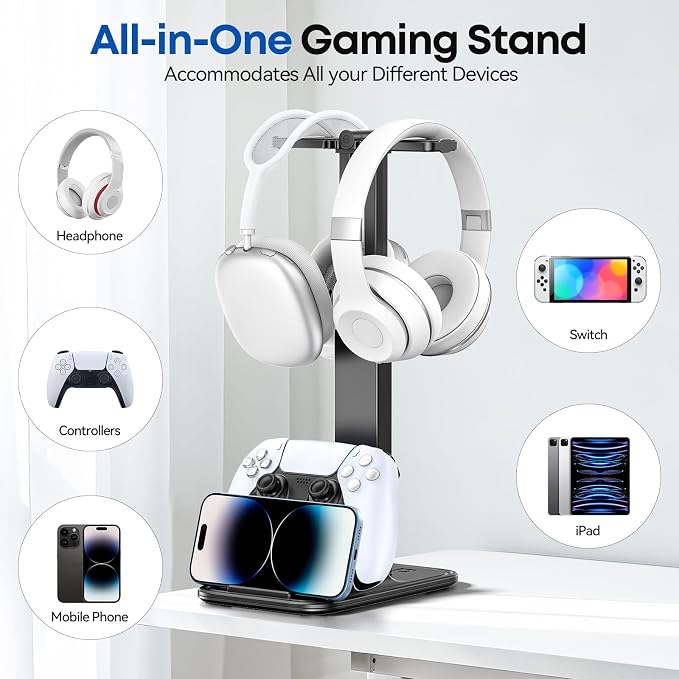 Height Adjustable Dual Headphone Stand, 360° Rotatable Gaming Headset Holder with Controller & Phone Stand, All-in-One Desk Organizer for PS5/Xbox/Switch Controllers/iPad, Desktop Game Accessories - Image 6