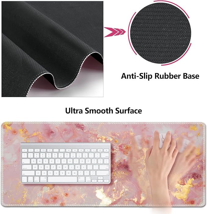 AIMSA Keyboard Mouse Pad Set, Large Gaming Mouse Pad +Wrist Rest Mouse Pad +Keyboard Wrist Support +Coaster, 35x15.7 inch Extended Desk Mat for Easy Typing Pain Relief (Pink Gilt Marble) - Image 4