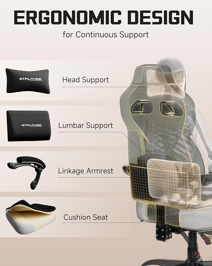 GTPLAYER Gaming Chair for Adults, Ergonomic High Back Chair with Footrest | Big & Tall Computer Video Gaming Chair, Comfort Wide Seat with Lumbar Support for Big/Tall, Office/Home, Linen, New Black - Image 6