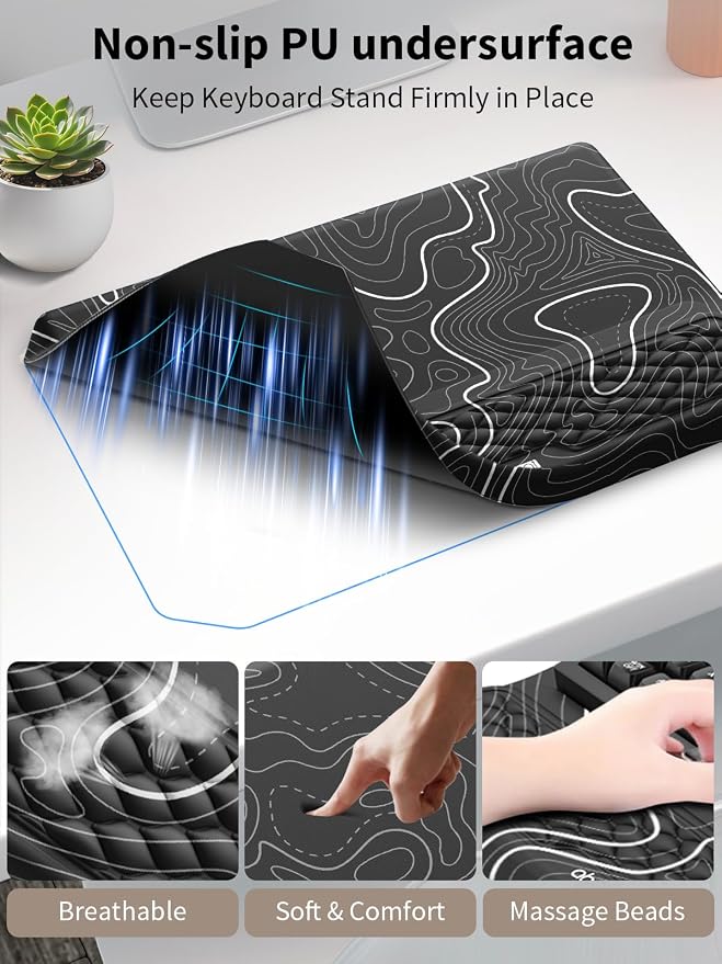 3-in-1 Ergonomic Keyboard Stand with Wrist Rest & Mouse Pad Set,Topographic | Comfy Keyboard Riser Holder Soft Mousepad with Massage Design, Memory Foam and Non-Slip PU Base for Pain Relief - Image 6