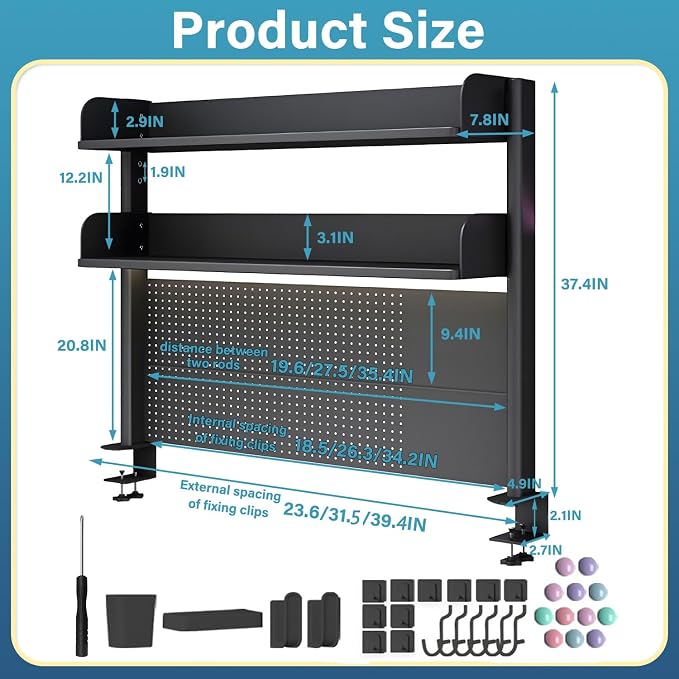 Clamp On Desk Shelf Organizer with Pegboard,Black,31.5in | Computer Desk Accessories For Gaming Desk, Clamp-On Desktop Shelving System,for Home Office Dorm Gaming Desk - Image 2