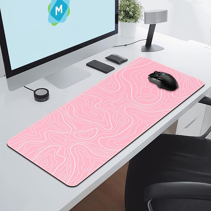 DIGSOM Gaming Mouse Pad, Pink with White Topographic Line, 31.5x11.8in | XL Mouse mat, Smooth surface, Anti-slip rubber base, For keyboard and mouse, For home and office use - Image 4