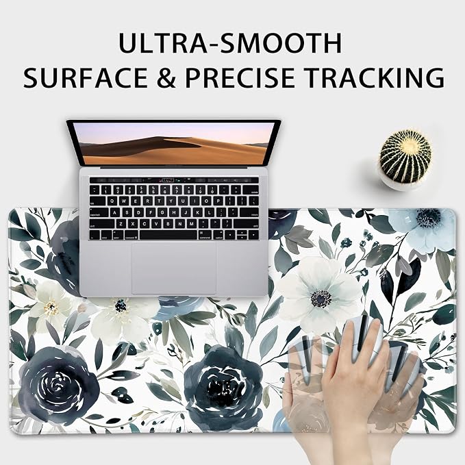 Navy Blue White Floral Large Gaming Mouse Pad Desk Mat 31.5x15.7 | Extended Mousepad, Non-Slip Rubber Base , Stitched Edges, for Computer/Laptop/Office/Home - Image 5