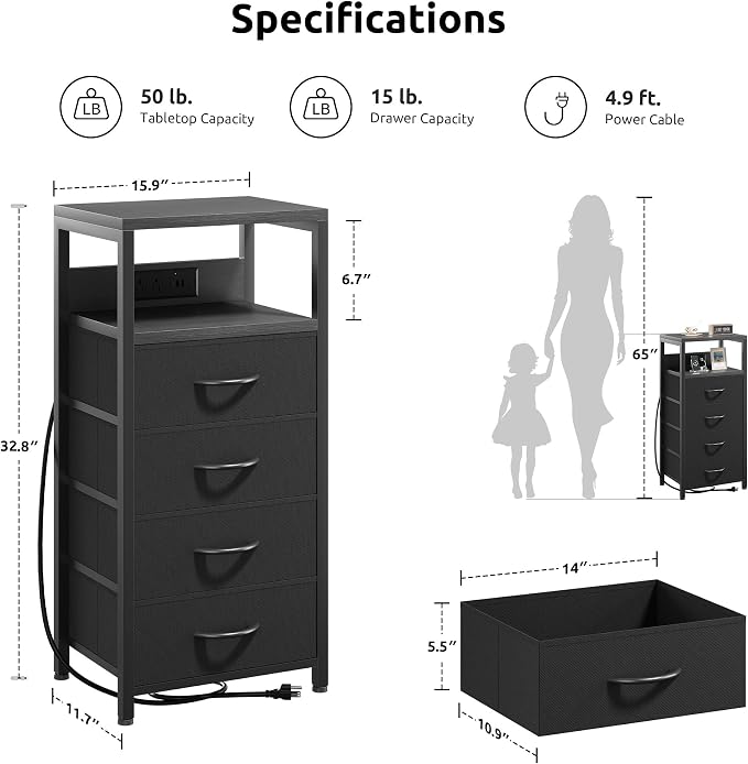 Lazzanto Night Stand with Charger Station, 4 Fabric Drawers, Black - Image 2