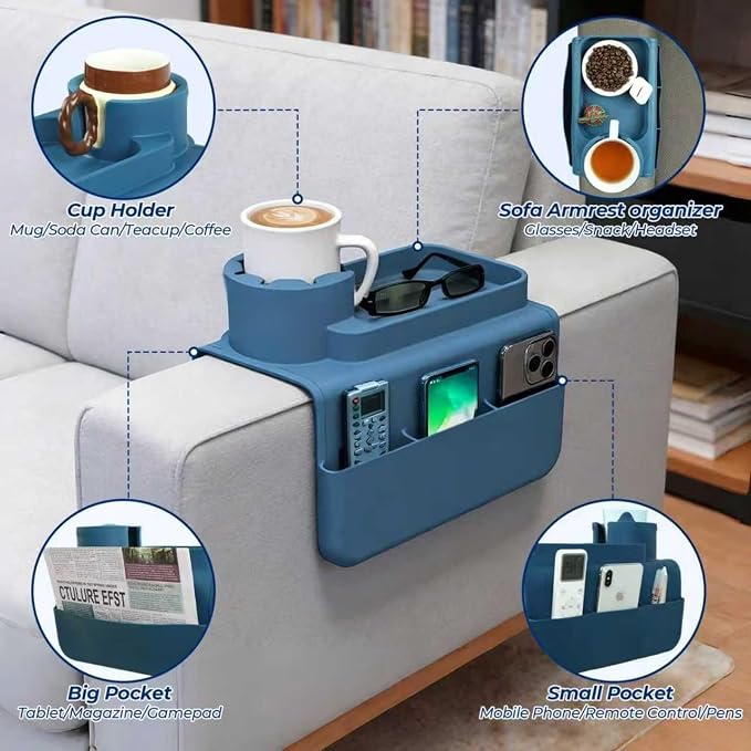 Silicone Couch Caddy Cup Holder Tray, 3-Side Sofa Armrest Organizer with Secure Gear-Shaped Locking Holder & Large Tablet Slot, Non-Slip Weighted Armchair Caddy, Couch Accessories (Blue) - Image 2