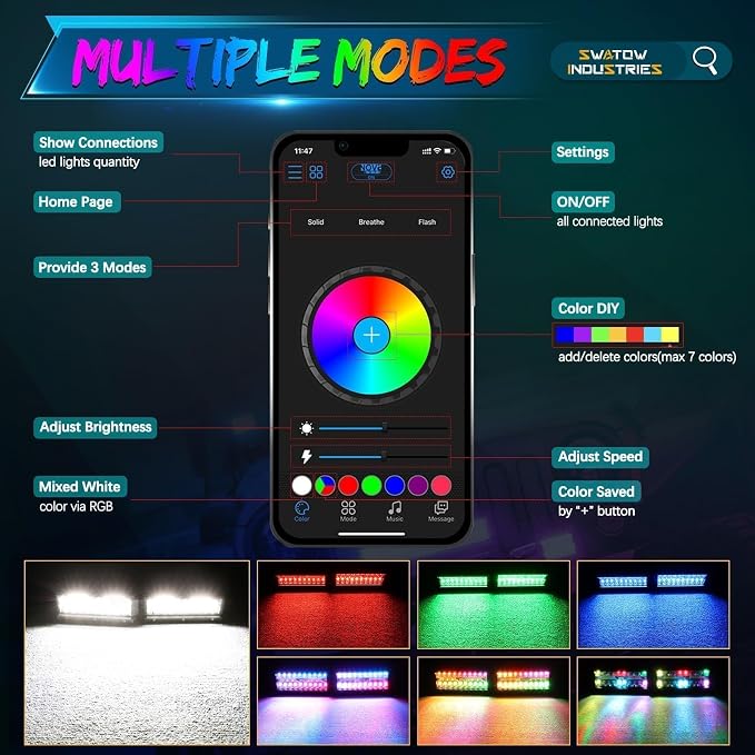 RGB Pod Lights 7 Inch LED Light Bar RGBW Color Changing Light Pods RGB LED Offroad Driving Lights for Wrangler F150 Toyota Ram Chevy Pickup Truck UTV RZR Can-am ATV - Image 4