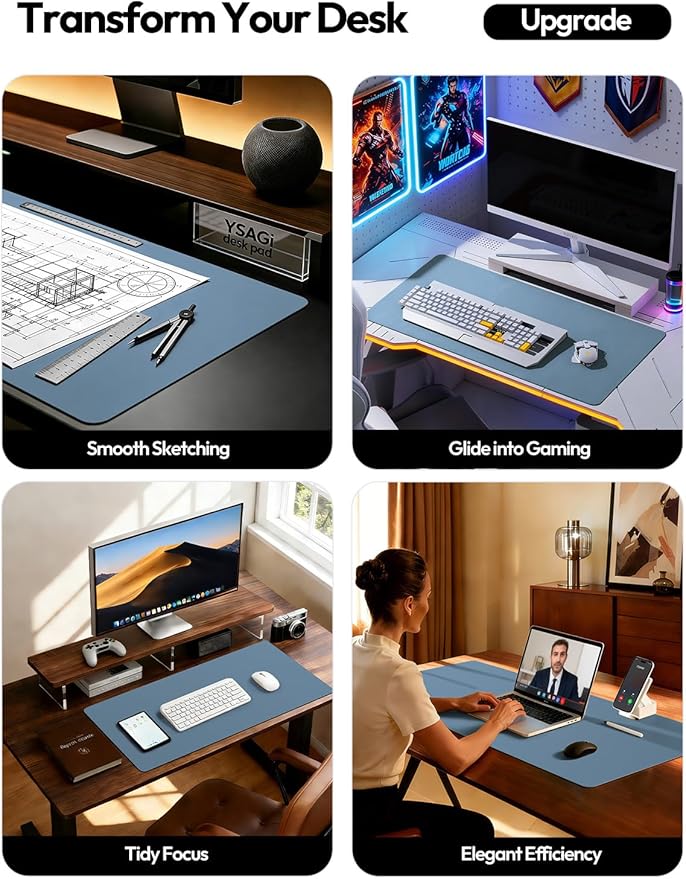 YSAGi Desk Protector&Blotter, Non-Slip Waterproof Leather Mouse Pad | Shields Scratches, Stains, Spills, Heat & Scuffs; Suede Non-Slip; Easy-Clean; Comfy Writing/Typing, 31.5" x 15.8", Blue - Image 2