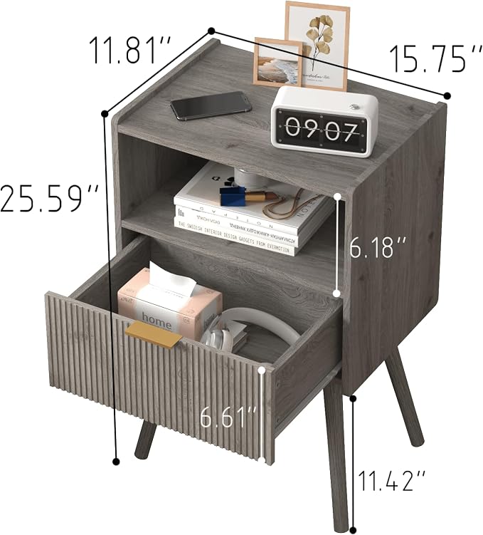 JOONEE Nightstand,Modern Bedside Table with Storage Drawer and Open Wood Shelf, for Living Room, Bedroom and Small Spaces, Accent Night Stand with Solid Wood Legs, Easy Assembly,Grey Oak - Image 2