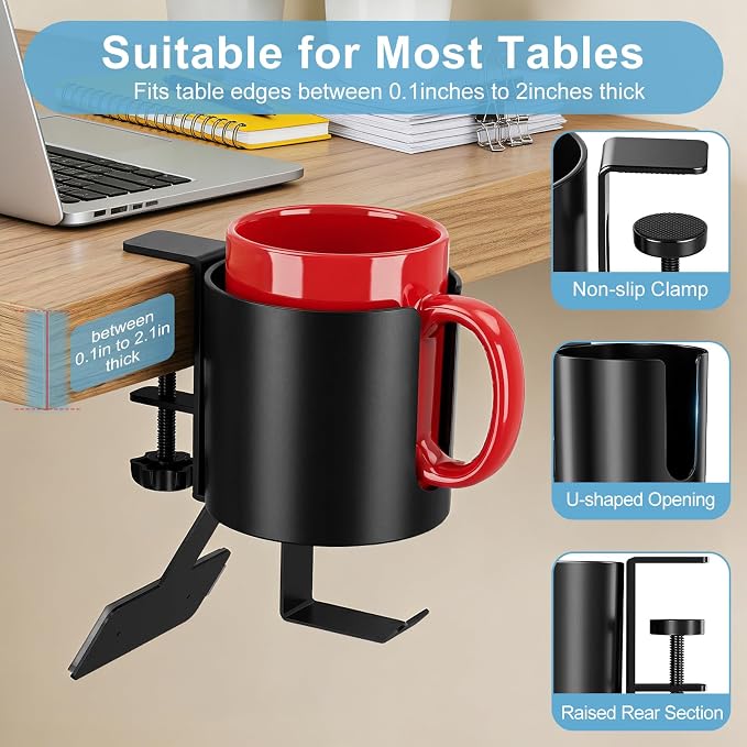 3 in 1 Desk Cup Holder Clamp, Clip On Table Cup Holder with Headphone Hook - Image 3